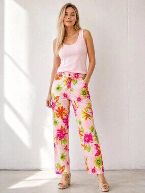 Women's Tropical Floral Multicolor BCNU Pants Pockets Zip S Large